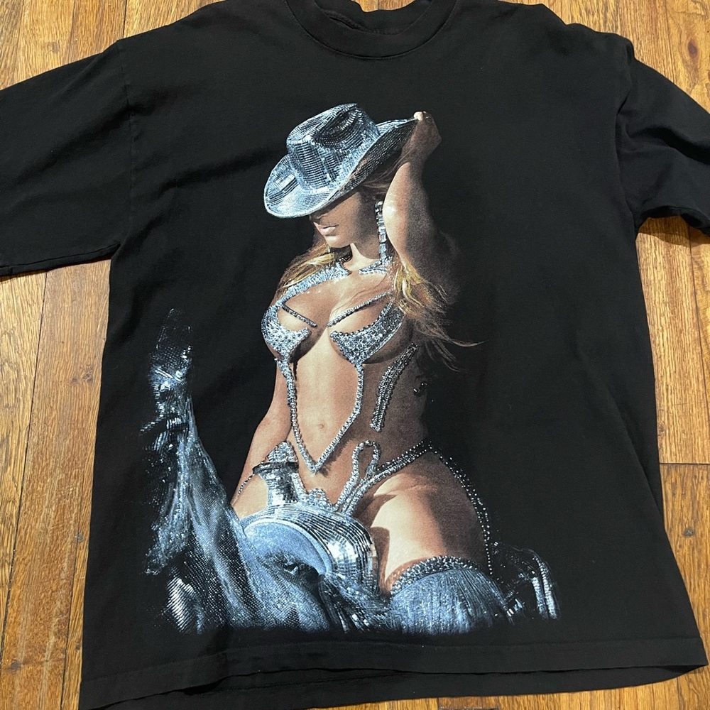 Graphic Black Tee with Rhinestone Cowgirl Print